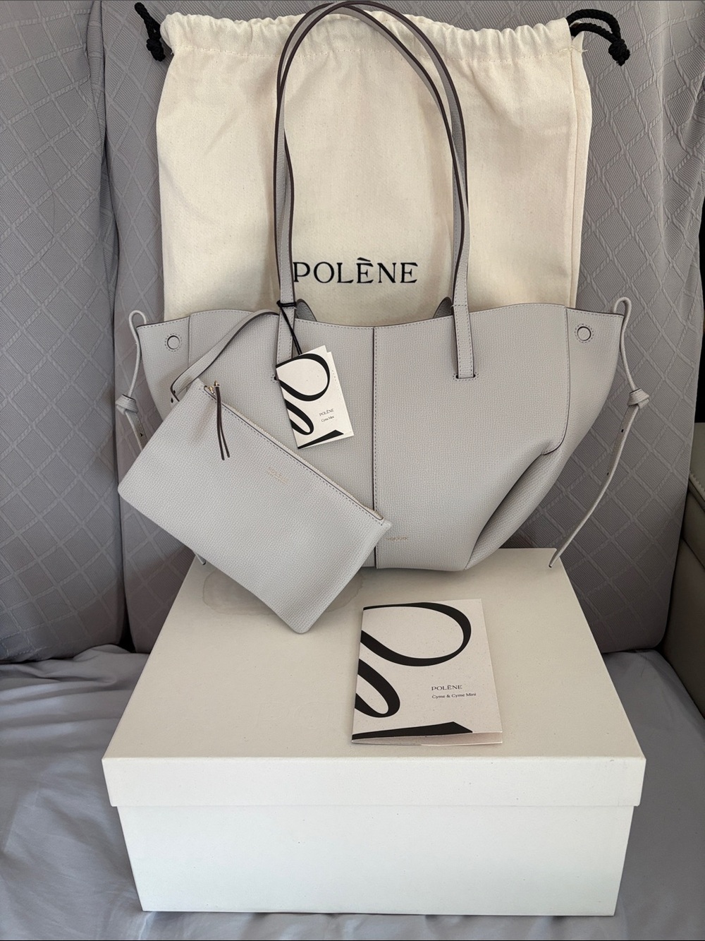 Polene Cyme Elegant Neutral Taupe Textured  Leather Tote Bag with box